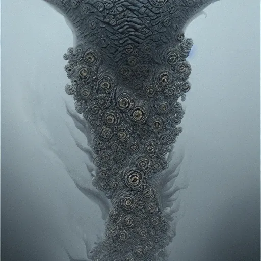 Prompt: a spiral made of eyes, smoke and teeths, 3d mandelbulb, by Zdzisław Beksiński, trending on ArtStation