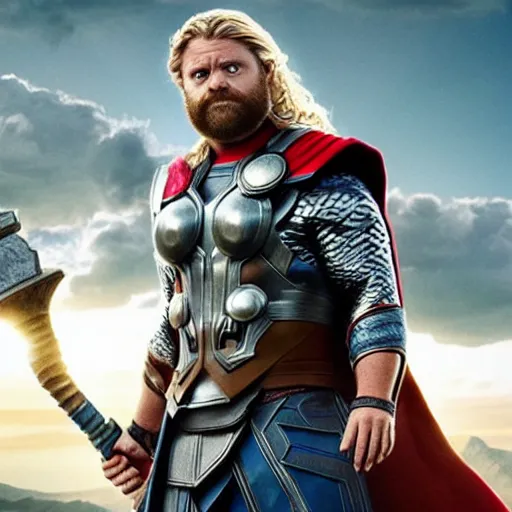 Prompt: zach galifianakis as Thor in Thor: Ragnarok