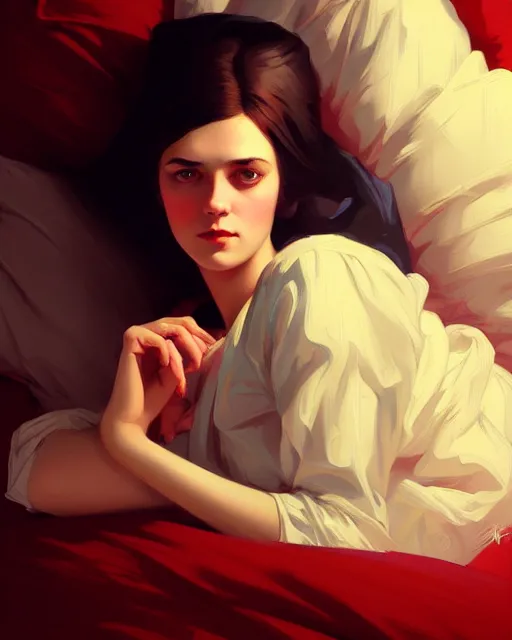 Image similar to stylized portrait by aykutmakut of an artistic pose, composition, young victorian sad fancy lady in bed, cinematic moody colors, realistic shaded, fine details, realistic shaded lighting poster by ilya kuvshinov, magali villeneuve, artgerm, jeremy lipkin and michael garmash and rob rey
