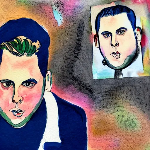 Image similar to jonah hill, stylized. Watercolor and ink. 1960s.