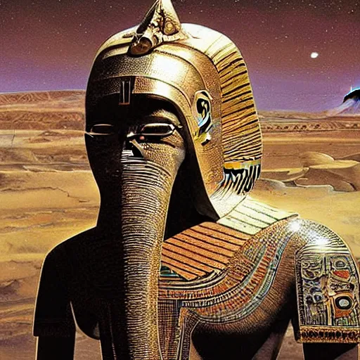 Image similar to the annunaki have returned to egypt wearing space suits that look like egyptian pharoah head - dresses and breathing hoses that look like elephant trunks - alien - looking, cyborg, detailed, photo - realism