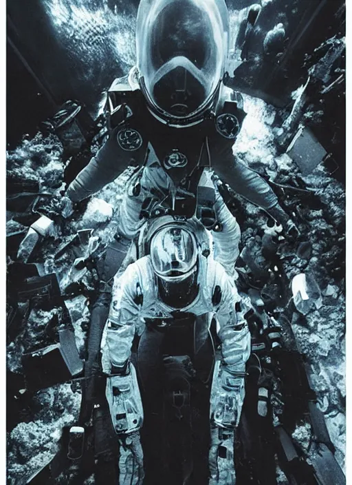 Image similar to astronauts in dark and empty void underwater - complex and hyperdetailed technical suit. reflection and dispersion materials. rays and dispersion of light. volumetric light. 5 0 mm, f / 3 2. noise film photo. flash photography. ultra realistic, wide angle. poster by wayne barlowe, hajime sorayama aaron horkey, craig mullins