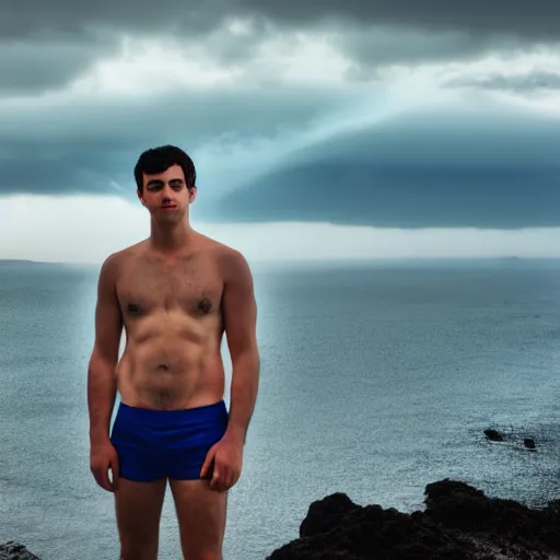 Prompt: real life photo of a Greek man, short dark hair, clean shaven, blue watery eyes, full round face, short smile, serene coastal setting, cinematic lightning, medium shot, mid-shot, highly detailed, photorealistic, 80mm, 85mm, cinematic wallpaper