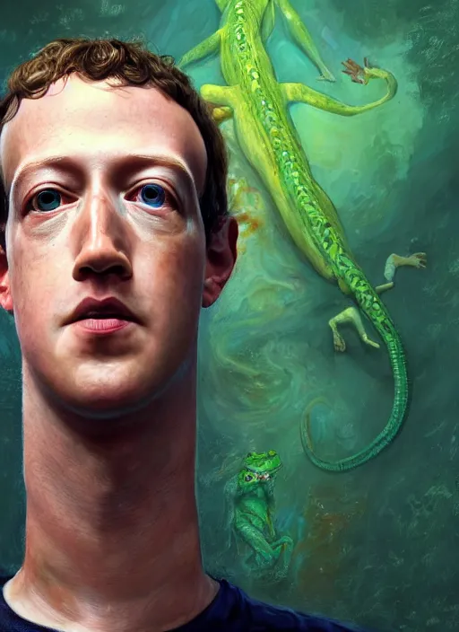 Prompt: portrait of mark zuckerberg as a lizard overlord shedding skin, hyper detailed, digital art, trending in artstation, cinematic lighting, studio quality, smooth render, unreal engine 5 rendered, octane rendered, art style by klimt and nixeu and ian sprigger and wlop and krenz cushart.