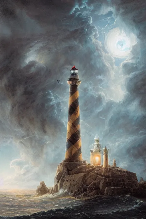 Prompt: Detailed Exterior Shot of Stormy Desecrated Foul Lighthouse of Alexandria, light of hell, moonlight shafts, swarm of bats, stormy atmosphere, in Style of Peter Mohrbacher, cinematic lighting