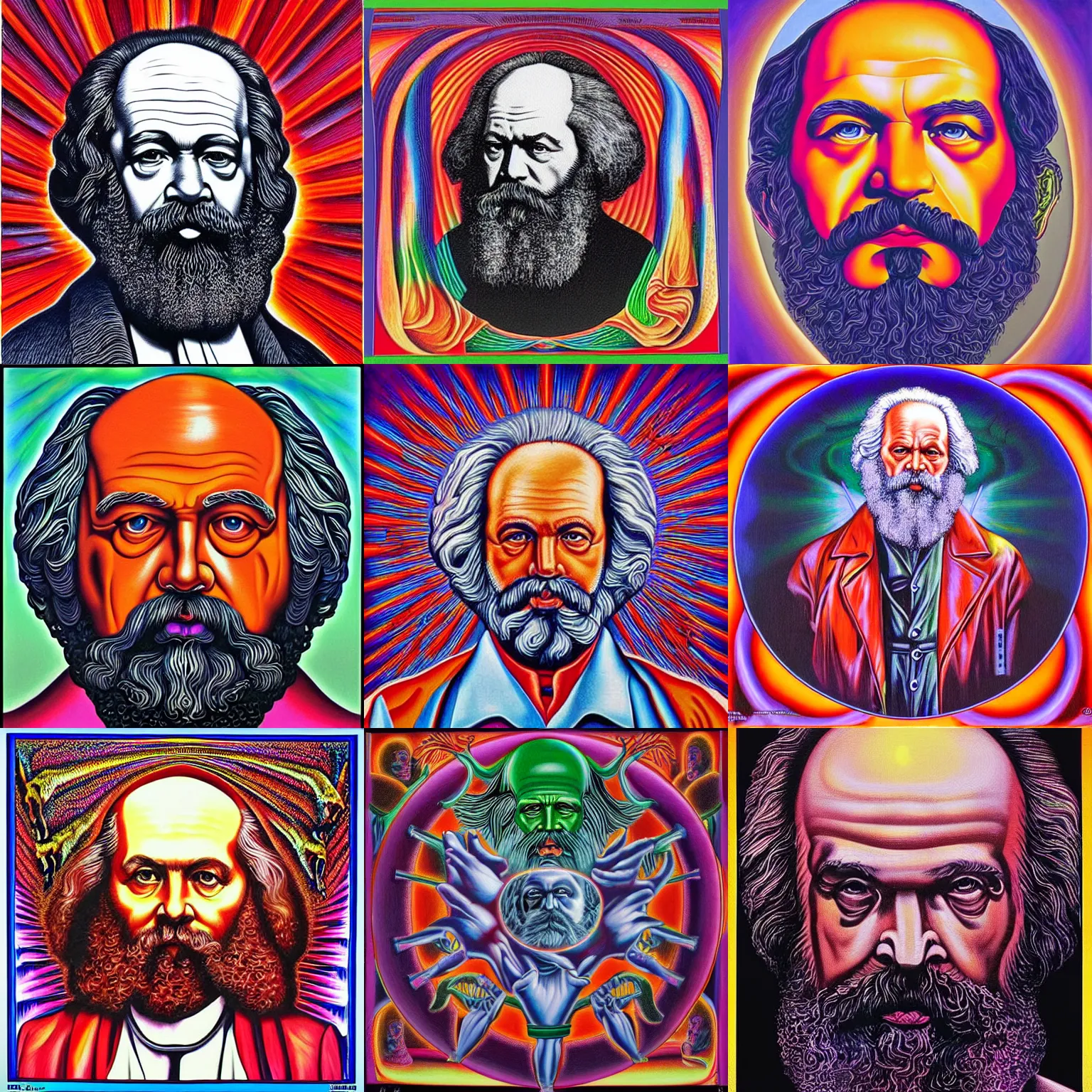 Image similar to karl Marx painting by alex grey in the style of a tool album cover