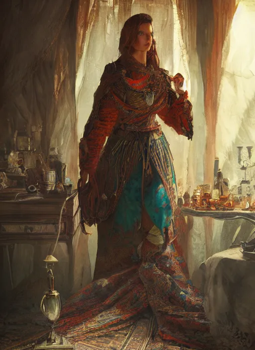 Image similar to portrait of queen commander in outpost tent, persian carpets, lamps, in the style of charles sillem lidderdale, in the style of greg rutkowski, artstation, high quality art