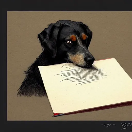 Image similar to a dog writing a letter with a pencil, art by greg rutkowski, intricate, elegant, highly detailed, smooth, sharp focus, artstation