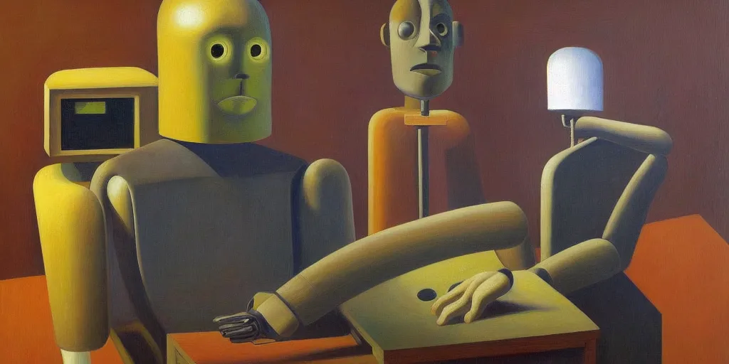 Image similar to super - intelligent robot with kind eyes portrait, grant wood, pj crook, edward hopper, oil on canvas