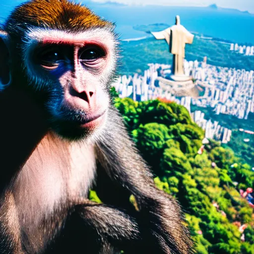 Image similar to high quality portrait of a monkey in front of Christ The Redeemer, studio photograph, photograph, realistic photo, 8k photo, 4k photo, stock photo, high resolution, cinematic shot, high detail