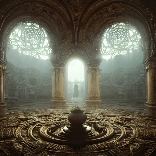 Image similar to Inside of an intricate labyrinth, intricate, baroque, wonderland, mist, cinematic shot, photorealistic, photography, octane, high definition, detailed, 8k, artstation