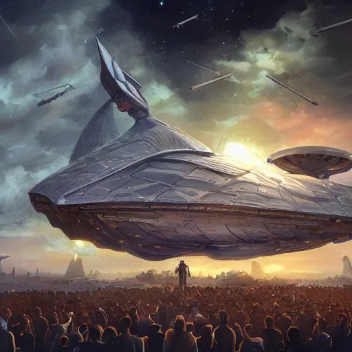 Prompt: thousands of people next to a big spaceship, fantasy art