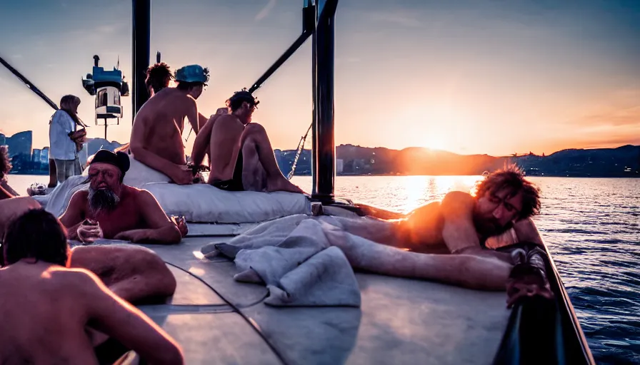 Image similar to several hobo bums party hard on the luxury super yacht, sunset light, expensive materials, symmetrical, cinematic, elegant, luxury, real photography, 4 k, ultra hd, luxury journal cover