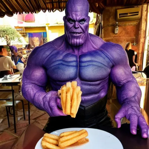 Prompt: thanos from marvel mcu eating a churros at a bar in tharros ( sardinia )