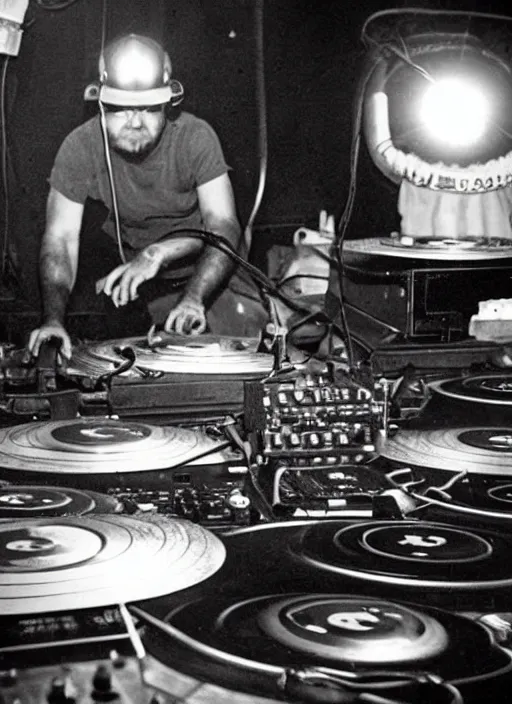Prompt: old photo of a coal miner dj behind turntables on a disco floor