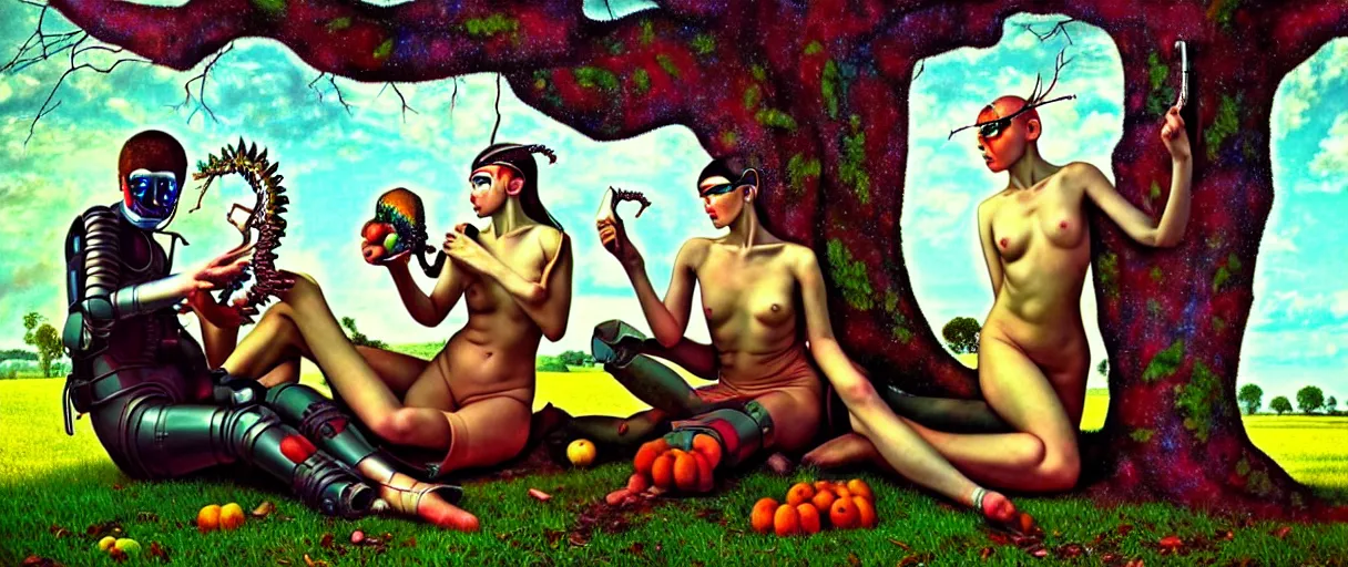 Image similar to minimalist hyperdetailed photorealistic cyborgs under a big tree, eating interesting elaborate fruits. in the style of Caravaggio and Paul Gauguin, with liberty cyberpunk and flemish baroque mixed media elements. beautiful!!!!!!! hyperrealistic soft pastel tones. matte background HD 8x