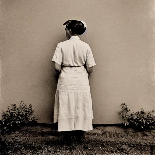 Prompt: ortrait of a nurse standing at wall, photo by wiliam eggleston