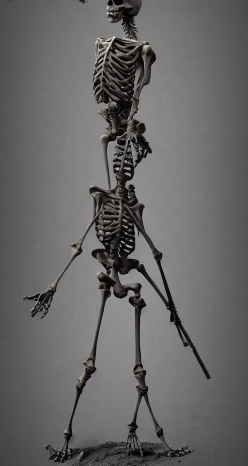 Prompt: a statue of a skeleton holding a stick, a character portrait by eglon van der neer, trending on cgsociety, vanitas, apocalypse art, ominous, macabre