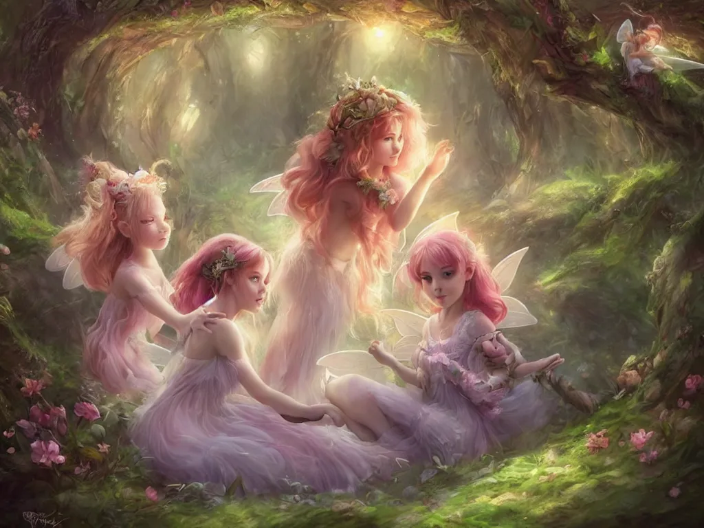 Image similar to two cute fairy in the dreamy forest, fantasy, dreamlike, 8 k resolution, hyper detailed, d & d, character design, digital painting, trending on artstation, sharp focus, illustration, art by artgerm, viktoria gavrilenko, hoang lap, fuji choko, steve zheng