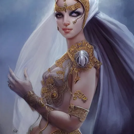 Image similar to a beautiful woman wearing a white niqab made of silk with golden jewelry and diamonds by alex gray and android jones, karol bak, ayami kojima, arabian, concept art, fantasy