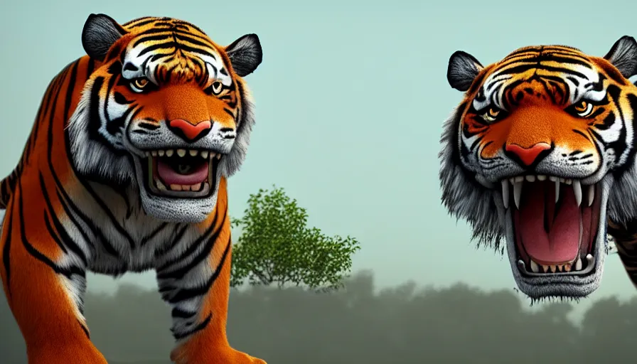 Image similar to tiger and tyrannosaurus hybrid, realistic cgi render