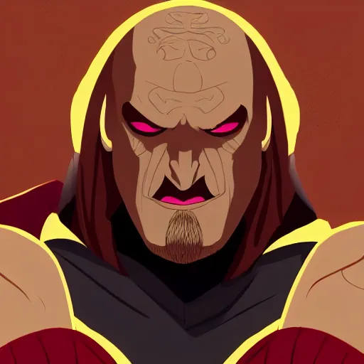 Image similar to Head-to-shoulder shot of Triple H as a Disney villain, Disney, Triple H, wrestling, WWE, Disney style, 2d, Disney 2d animation, digital 2D animation, traditional animation, Disney style, Disney animation, Deviantart, very coherent symmetrical artwork, heroic look, artstation, villain, brightly colored