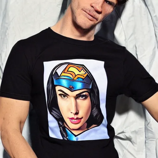 Prompt: man wearing gal gadot tee shirt