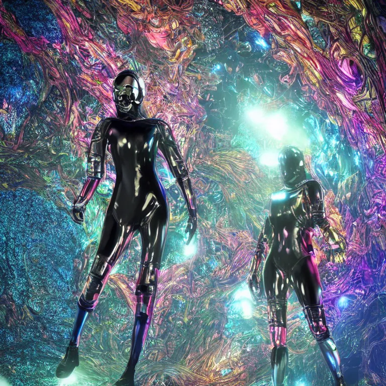 Prompt: octane render by wayne barlow and carlo crivelli and glenn fabry, a woman in a skintight shiny black spacesuit with intricate iridescent metal detailing, covered in bright colorful tropical alien flora inside a massive cavernous metal dome, cinema 4 d, ray traced lighting, ultra - detailed, volumetric lighting, very short depth of field, bokeh