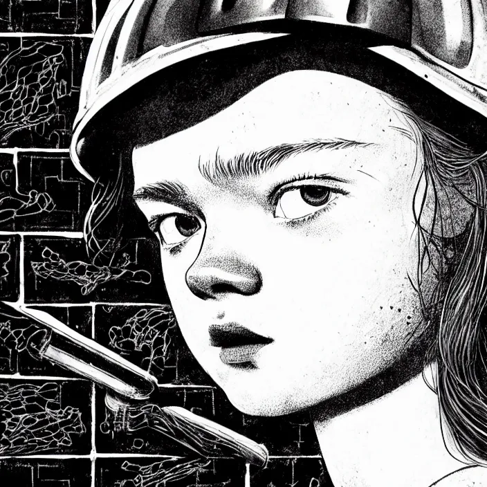 Prompt: extreme close - up on sadie sink as a miner : eating. background : black tiles on walls. black and white, pencil and ink. by gabriel hardman, joe alves, chris bonura. cinematic atmosphere, detailed and intricate, perfect anatomy