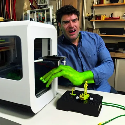 Image similar to the hulk tinkering with his new 3d printer