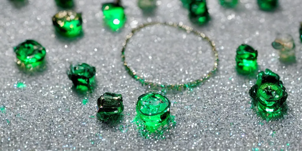 Prompt: jewels and emeralds at night candle bokeh