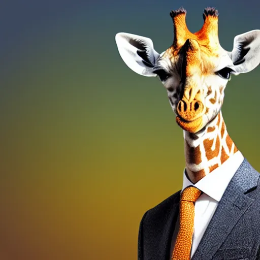 Prompt: giraffe wearing a suit and tie, ready for a meeting, close business portrait