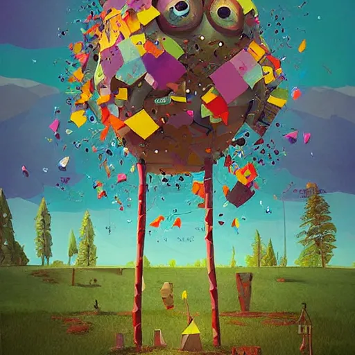 Prompt: low poly, pixar, a beautiful painting of a naturaleza alieniegena y extranas figuras, todo hecho con papel de pinata, mandala, grunge textures con explosion of color, simon stalenhag, gediminas pranckevicius