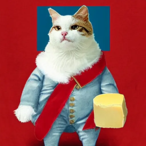 Prompt: cat dressed like napoleon holding a block of cheese