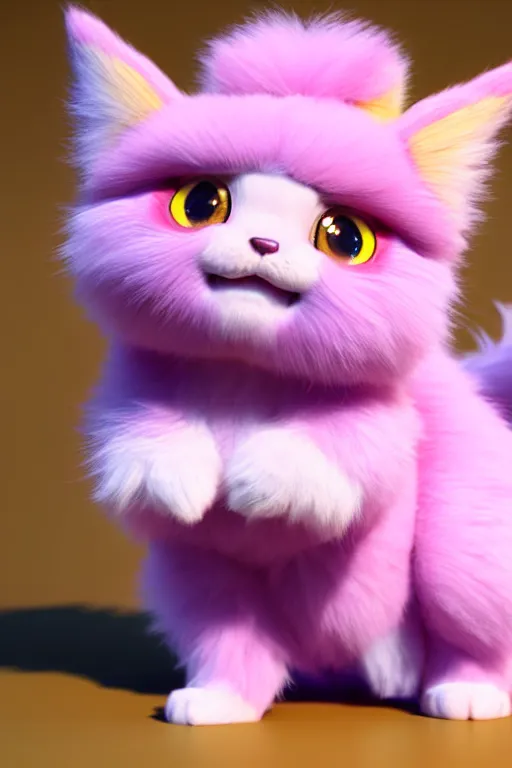 Image similar to high quality 3 d render hyperrealist very cute multicolor stripped fluffy! phoenix cat hybrid highly detailed, vray smooth, in the style of detective pikachu, hannah yata charlie immer, dramatic pink light, low angle, uhd 8 k, sharp focus