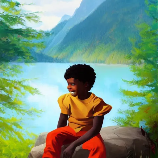 Image similar to a scenic view of a kid on a florest talking to ghost that shines near to a lake, pale light, a realistic colorful painting by Kehind Wiley, trending on artstation.