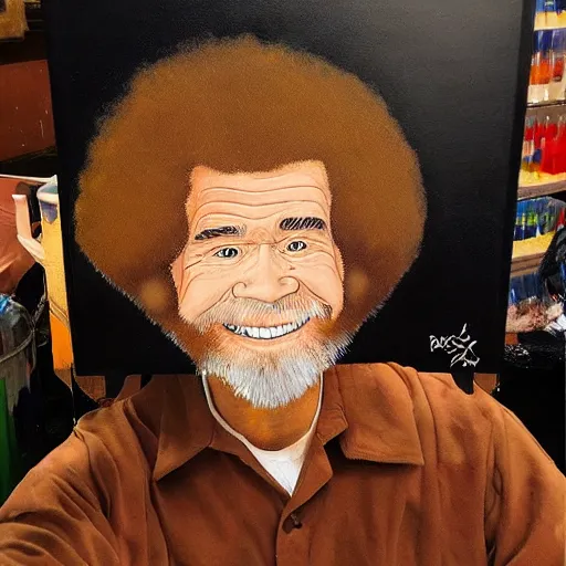 Prompt: a recursive painting of Bob Ross painting himself again and again