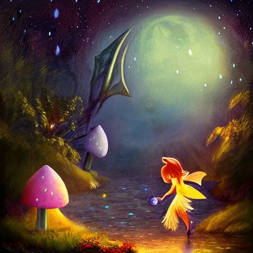 Image similar to attractive, fairy, in the night, fantasy, crescent moon in background, luminous, toadstools, fireflies, fantasy, highly detailed painting, mid shot, 8 k realistic, fantasy, mist, sharp focus