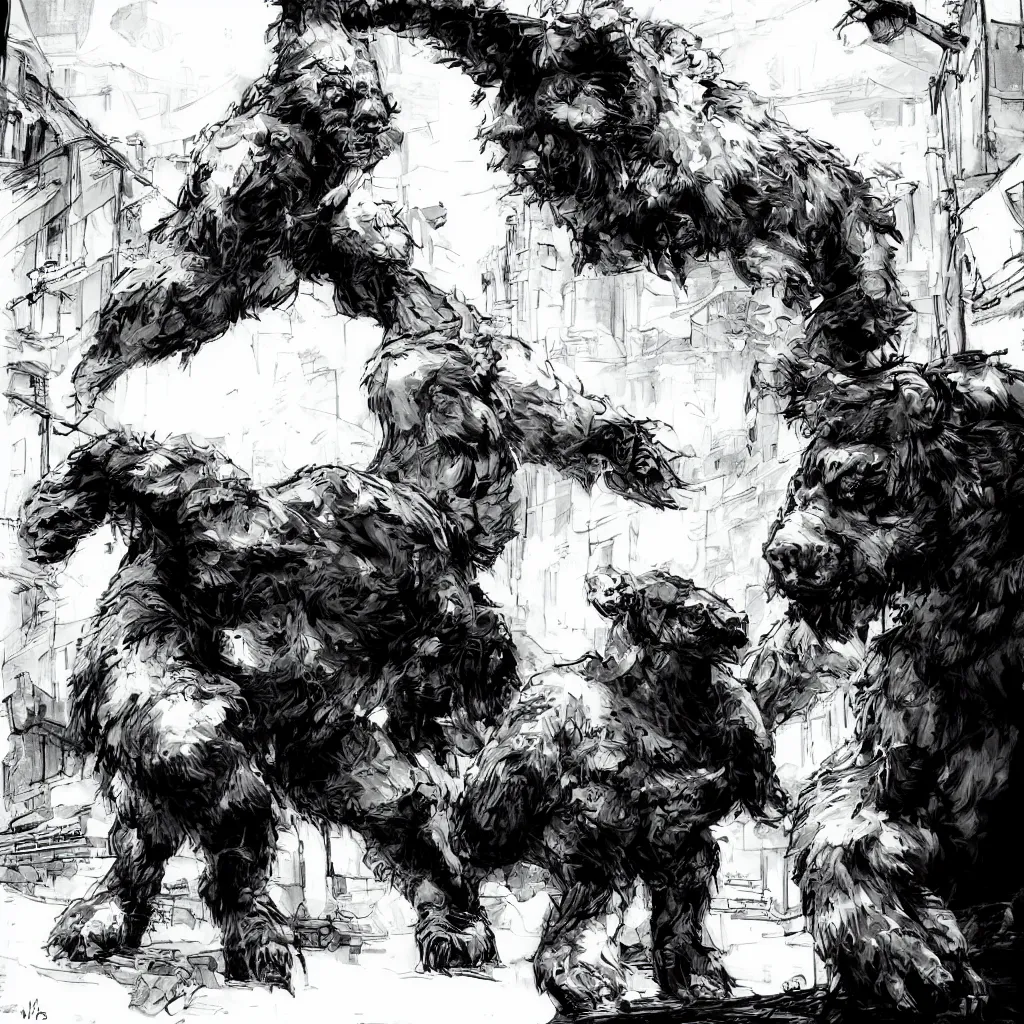 Prompt: large werebear in an alley, in the style of yoji shinkawa