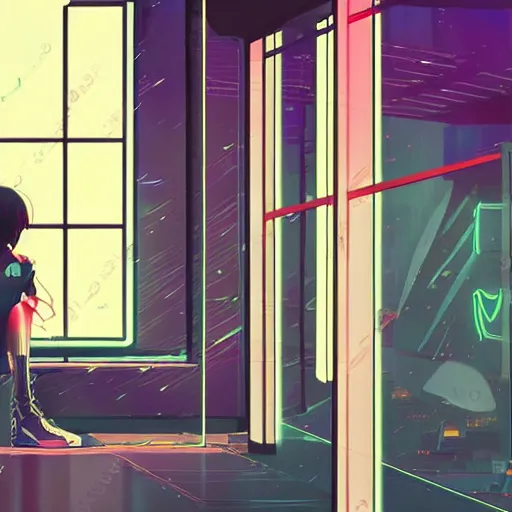 Image similar to cyberpunk girl sitting inside an empty store being looked at through the window in the style of satoshi kon, soft anime illustration, dark neon colors, soft ambience, beautiful composition, backlit, lots of details