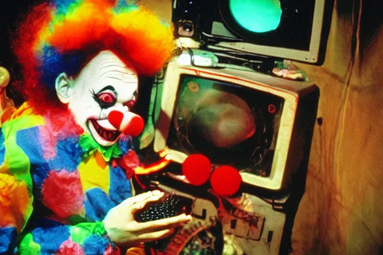 Prompt: cute clown in clowncore funhouse, fractal, in 1 9 9 2, y 2 k cutecore clowncore, low - light photography, bathed in the glow of a crt monitor, still from a ridley scott movie