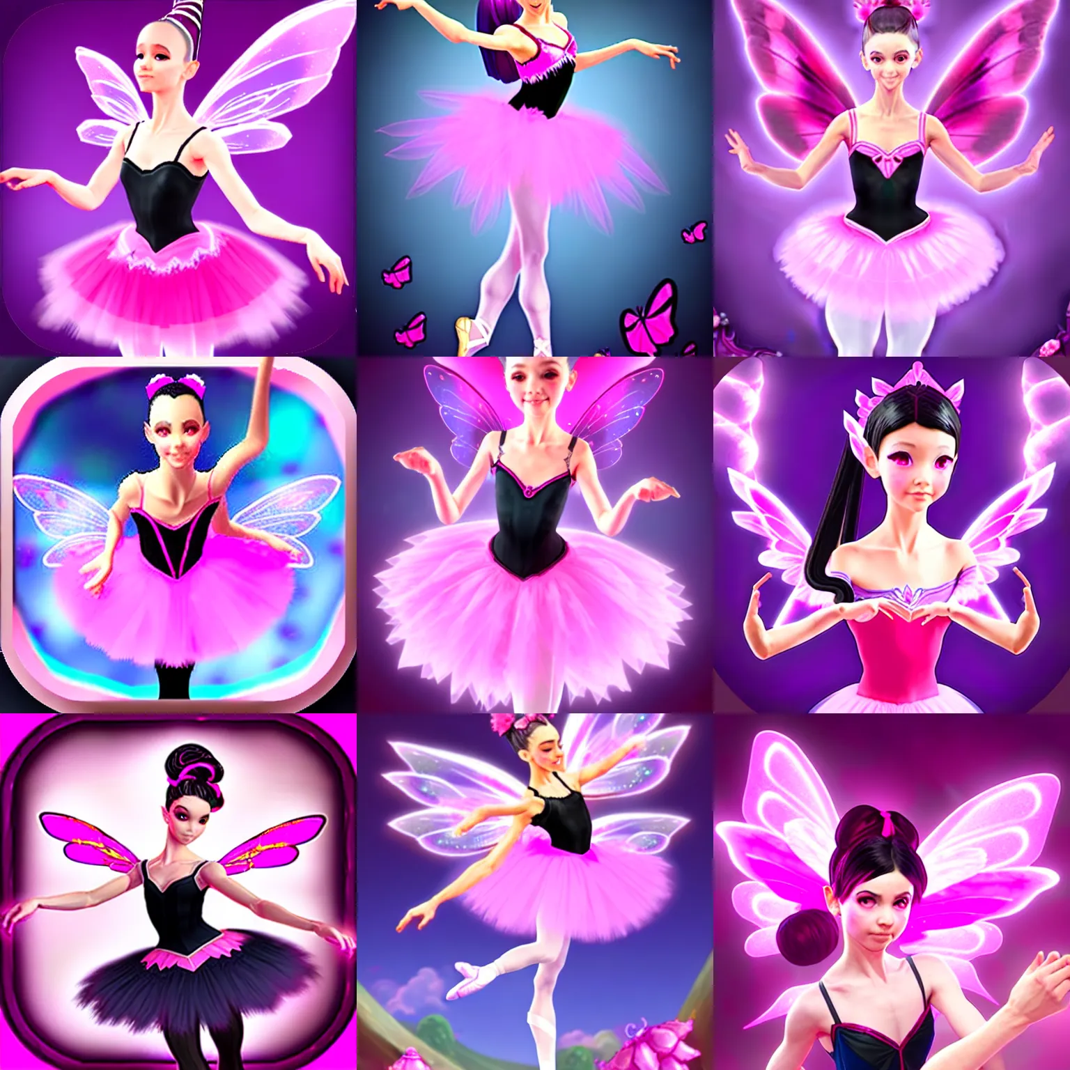 Prompt: a beautiful ballerina woman with black twintail hair, wearing a pink tutu, fairy wings, Hearthstone official splash art