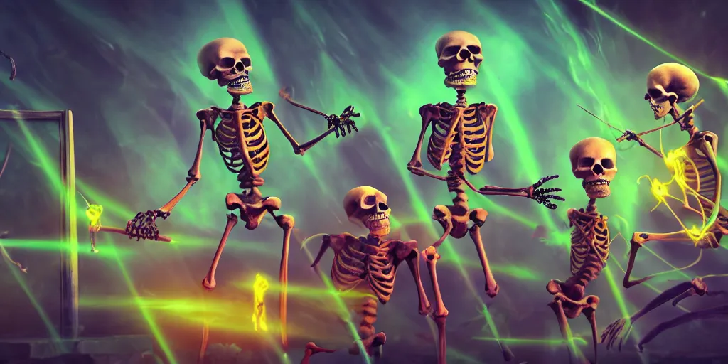 Image similar to skeletons, they are in front of a desk working on a new dark spell that is casting out flowing energy, colorful, flowing energy, light rays, medium shot, waist up, sharp, concept art, highly detailed, bloom, dramatic lighting, cinematic, by dreamworks