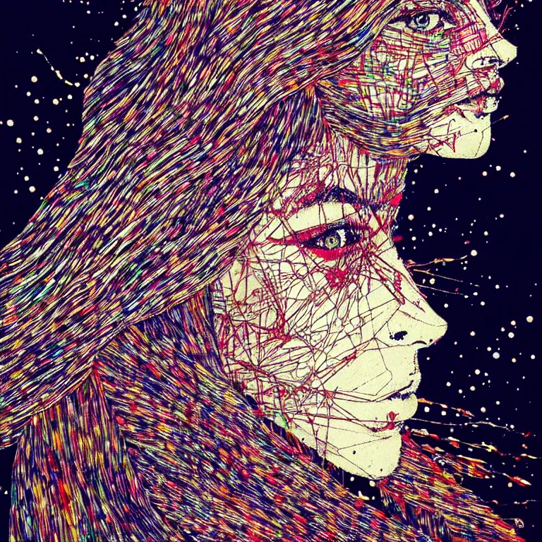 Image similar to nights falling wind is blowwing snow is pilling concept art in style of el anatsui and carne griffiths artwork by xsullo