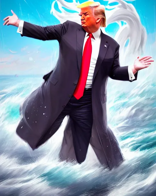 Image similar to character concept art of donald trump as poseidon in a dynamic pose | cute - fine face, pretty face, realistic shaded perfect face, fine details by stanley artgerm lau, wlop, rossdraws, james jean, andrei riabovitchev, marc simonetti, and sakimichan, tranding on artstation