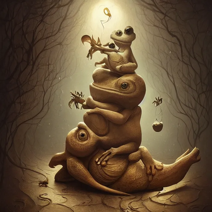 Prompt: carved wooden toads of ancient tribal potency. a surrealist objet trouve by dave dorman hieronymus bosch, cyril rolando, esher and natalie shau, whimsical, profound, impossible, dark, atmospheric, brooding, digital painting, intricate.