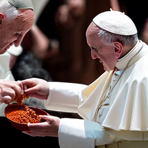 Image similar to the pope eating chili from a white toilet bowl, more toilets lined up next to him