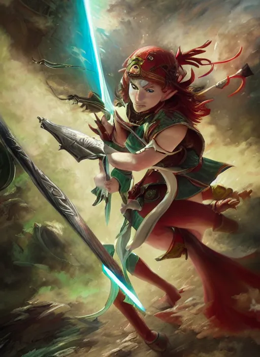 Prompt: elf archer unleashing ultimate attack by adrian smith and marc simonetti and vladimir volegov and alexander averin and delphin enjolras