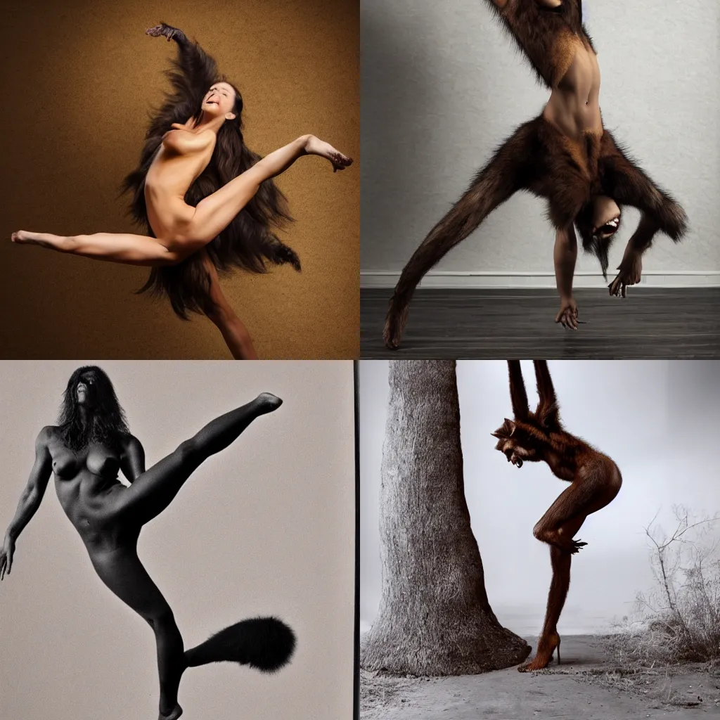 Prompt: A young woman transformed into a werewolf, smooth brown fur, slender agile body, acrobatic pose, fierce expression