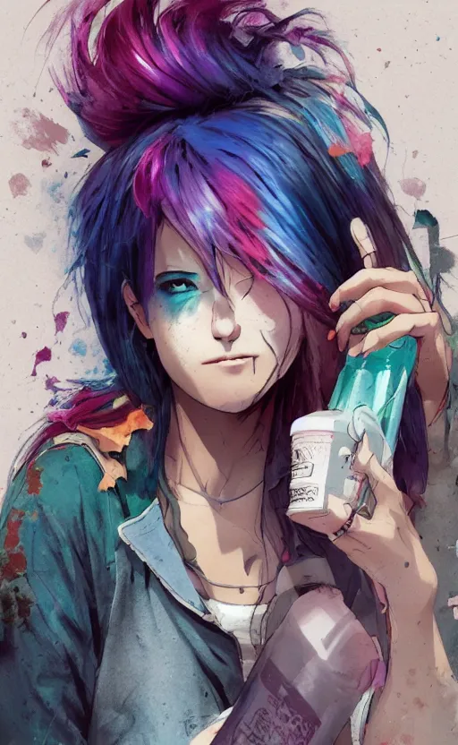 Image similar to a grungy woman with rainbow hair, drunk, holding bottle, soft eyes and narrow chin, dainty figure, long hair straight down, torn kawaii shirt and baggy jeans, basic white background, In style of by Jordan Grimmer and greg rutkowski, crisp lines and color,